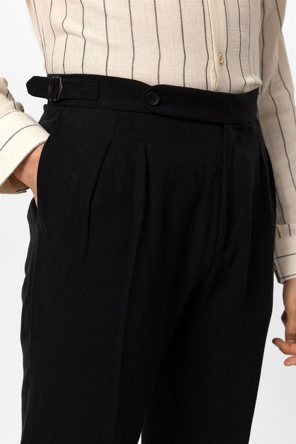 بنطلون رجالي بخصر عالٍ من مزيج الكتان والساقين