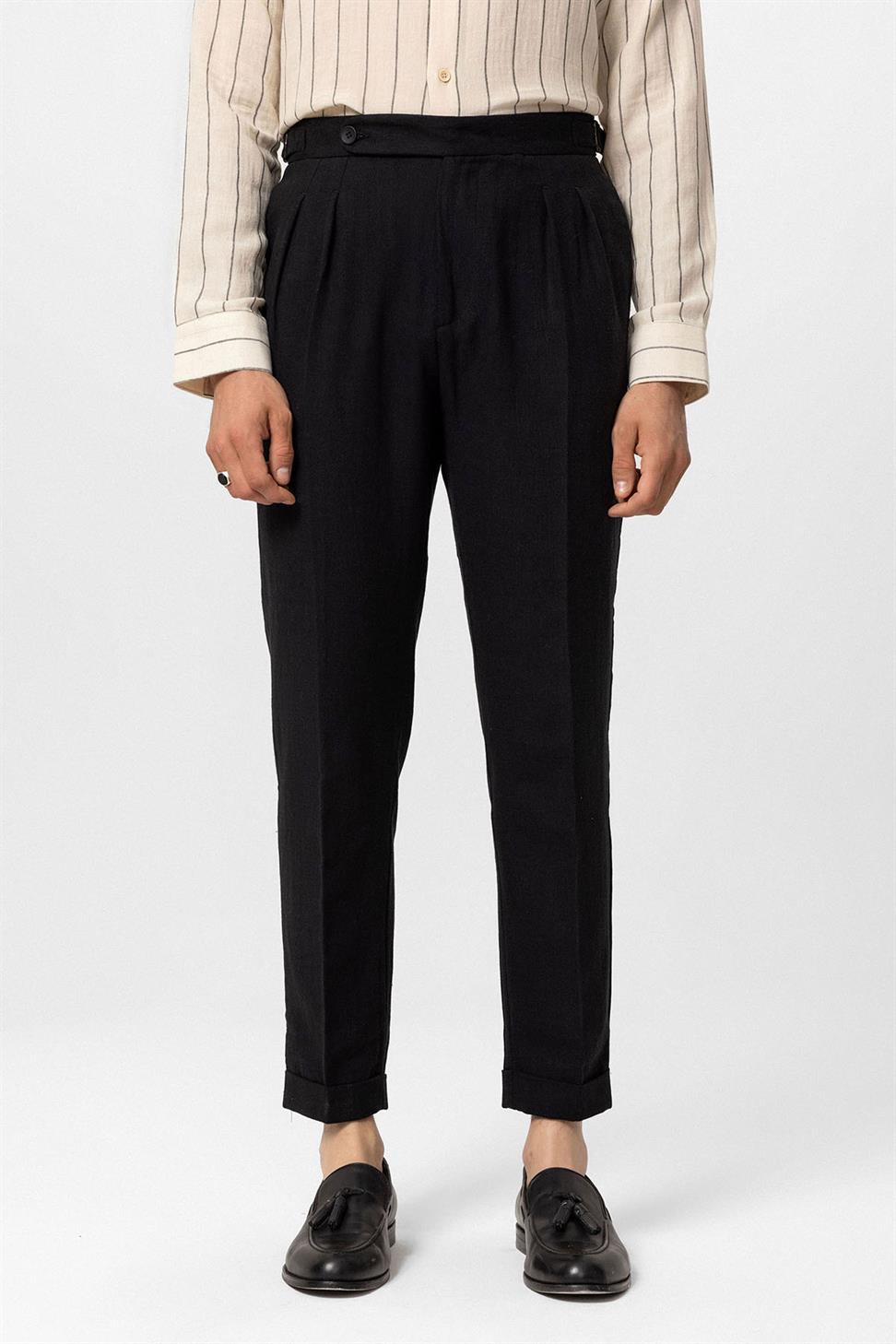 بنطلون رجالي بخصر عالٍ من مزيج الكتان والساقين