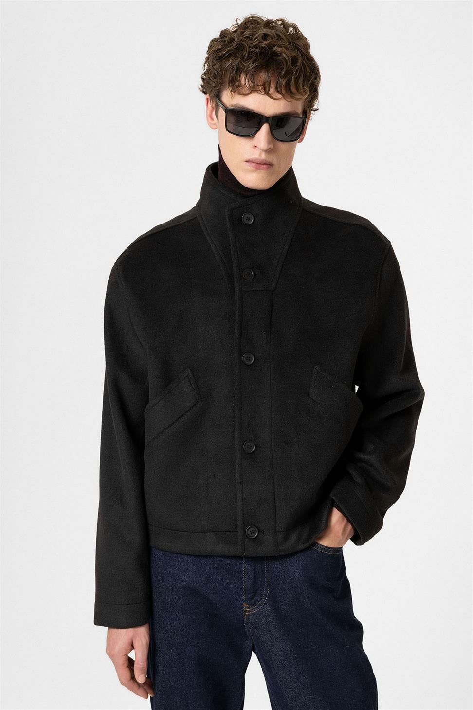 Antioch Siyah Yün Karışımlı Dik Yaka Erkek Mont