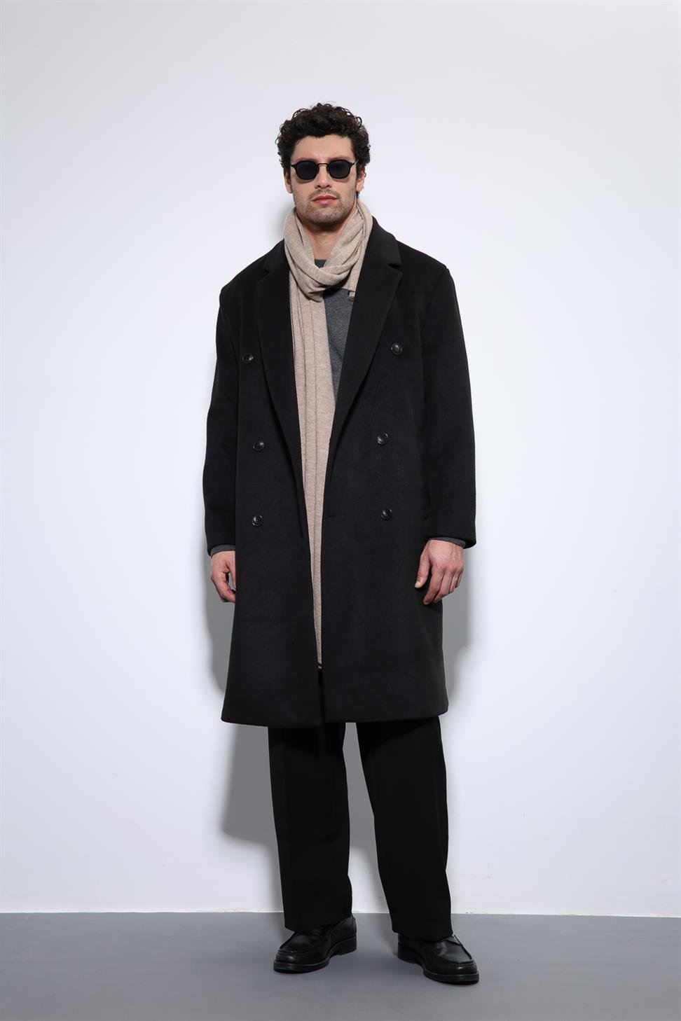 Antioch Siyah Yün Karışımlı Kruvaze Erkek Kaban