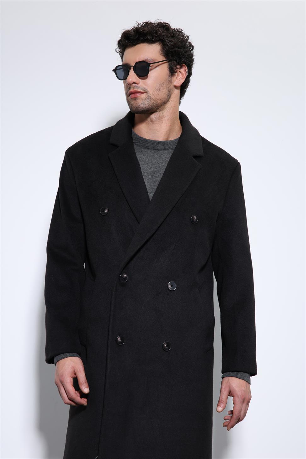 Antioch Siyah Yün Karışımlı Kruvaze Erkek Kaban