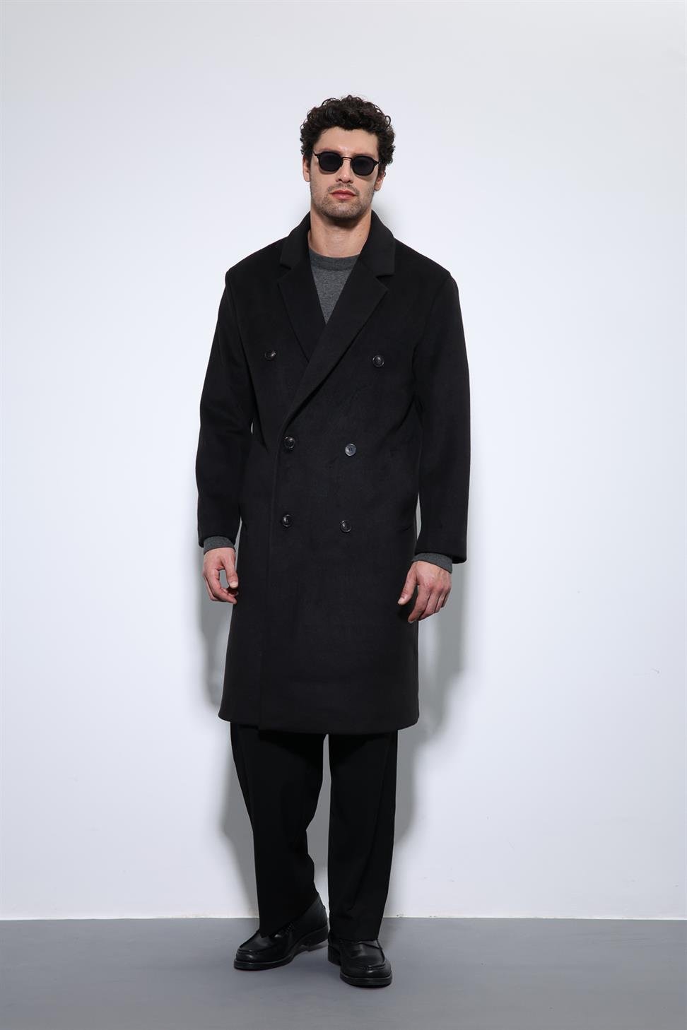 Antioch Siyah Yün Karışımlı Kruvaze Erkek Kaban