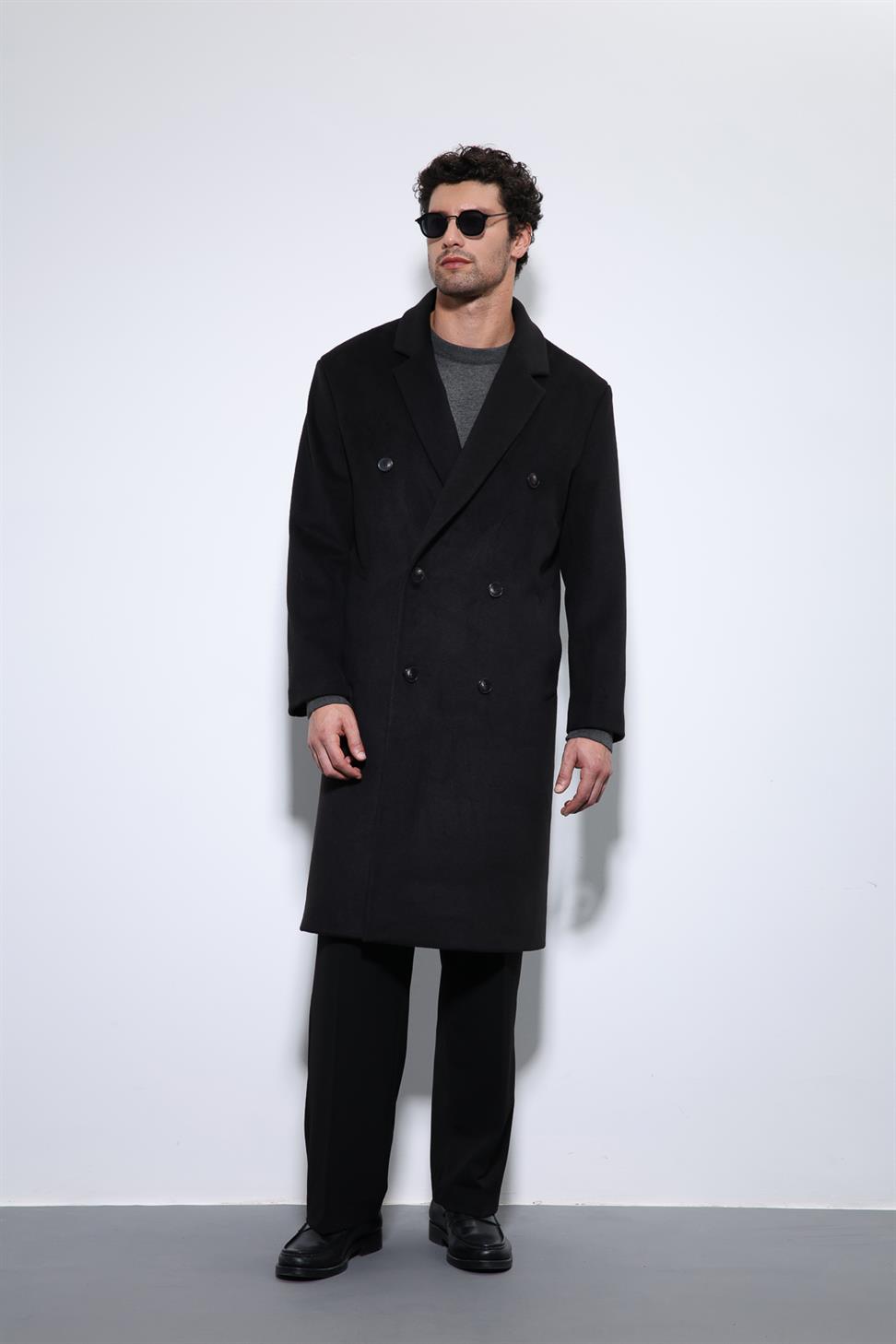 Antioch Siyah Yün Karışımlı Kruvaze Erkek Kaban