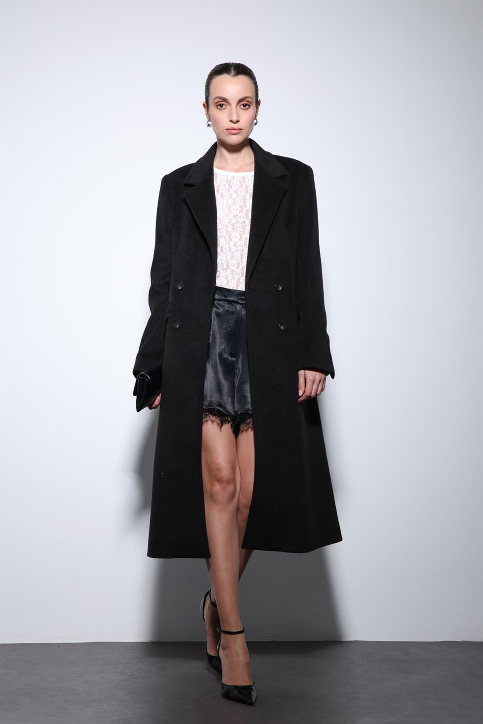 Antioch Siyah Yün Karışımlı Kruvaze Kadın Kaban