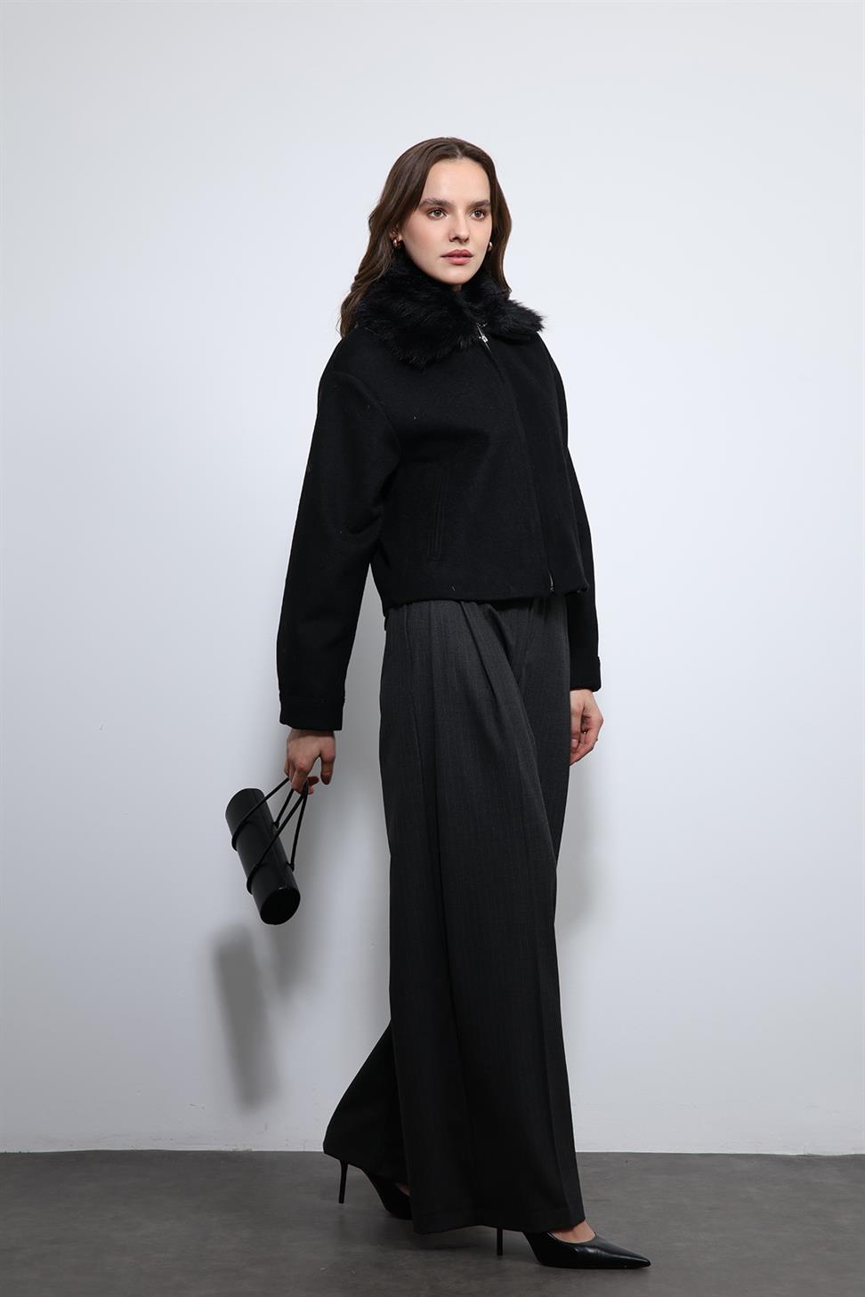 Antioch Siyah Yün Karışımlı Suni Kürk Yaka Ceket