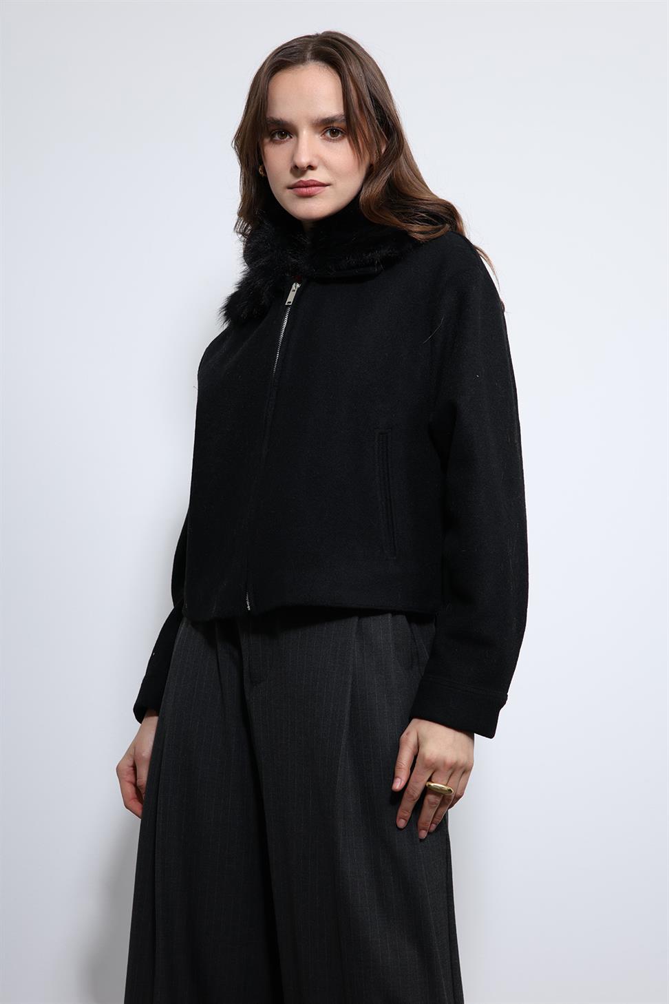 Antioch Siyah Yün Karışımlı Suni Kürk Yaka Ceket