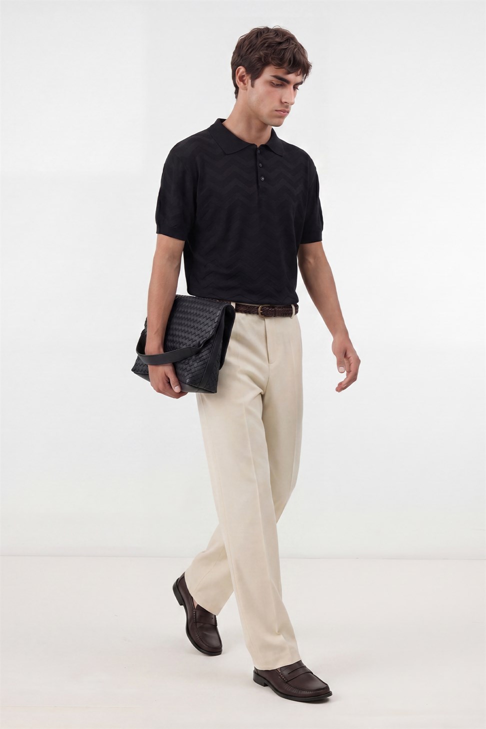 Antioch Siyah Zigzag Desenli Polo Yaka Triko Erkek T-Shirt