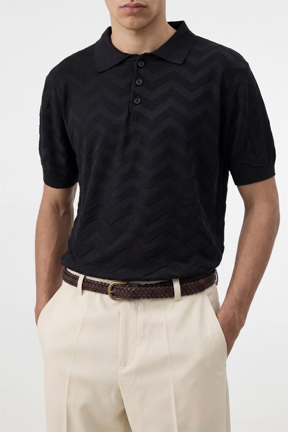 Antioch Siyah Zigzag Desenli Polo Yaka Triko Erkek T-Shirt