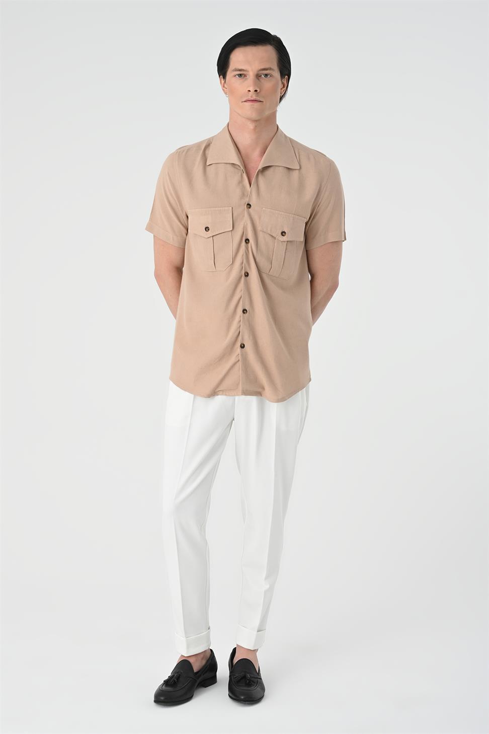 قميص رجالي بياقة واسعة وجيب مزدوج بقصة ضيقة