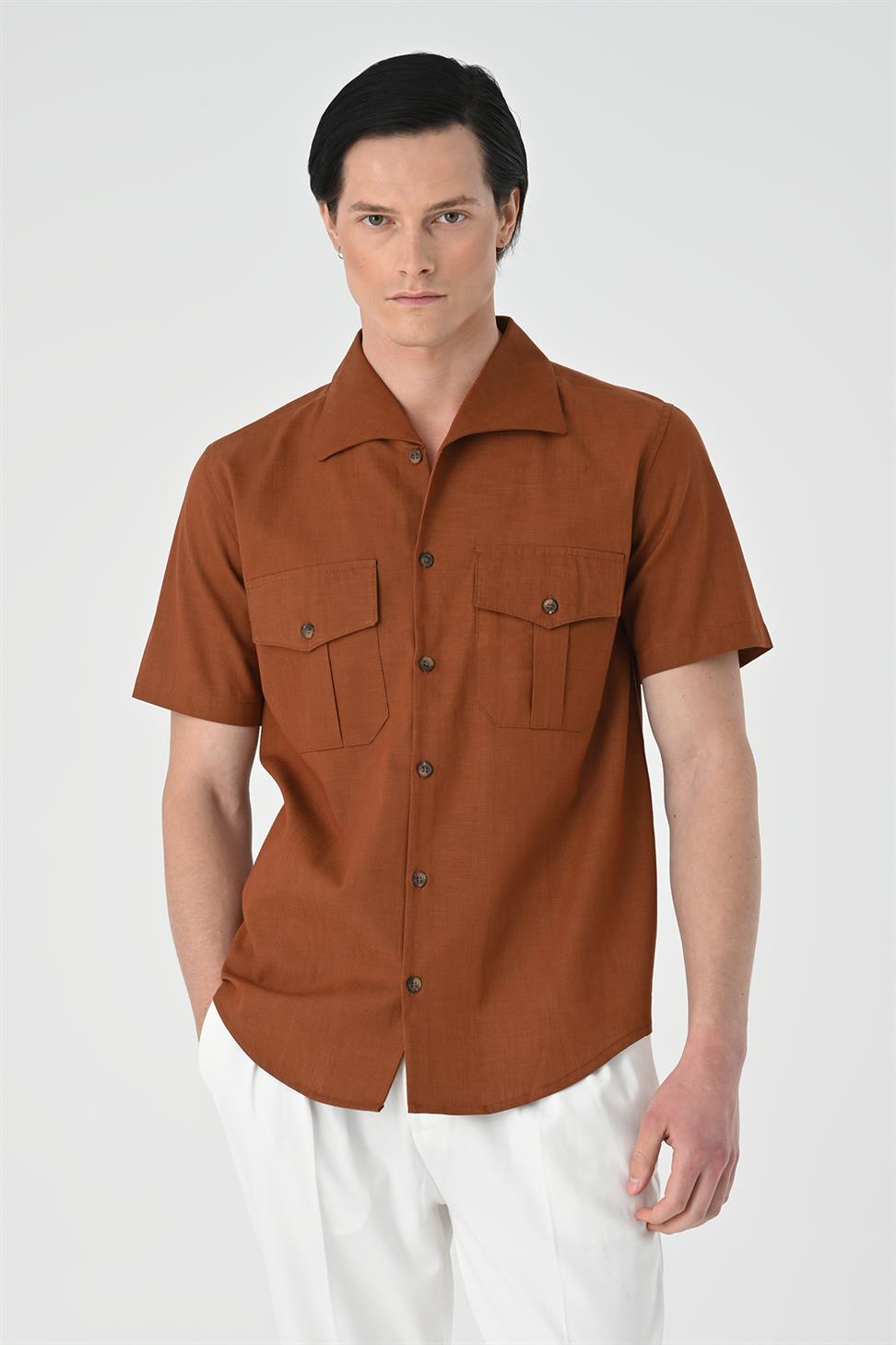 قميص رجالي بياقة واسعة وجيب مزدوج بقصة ضيقة