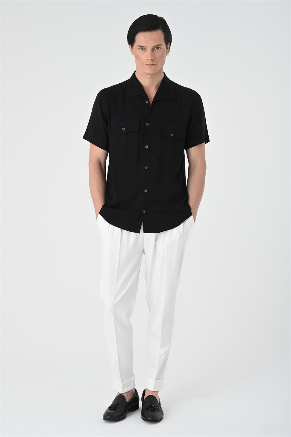 قميص رجالي بياقة واسعة وجيب مزدوج بقصة ضيقة