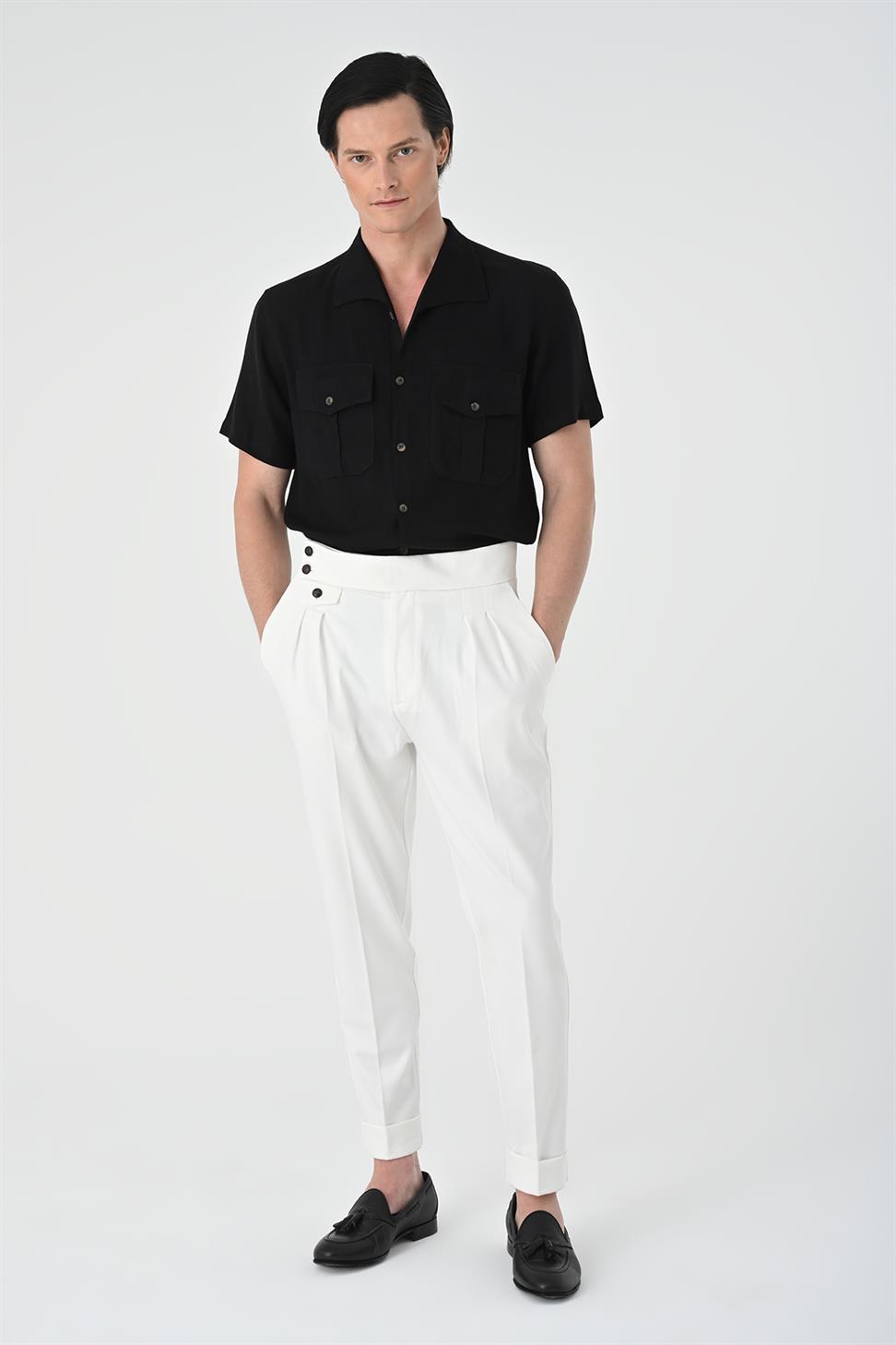 قميص رجالي بياقة واسعة وجيب مزدوج بقصة ضيقة