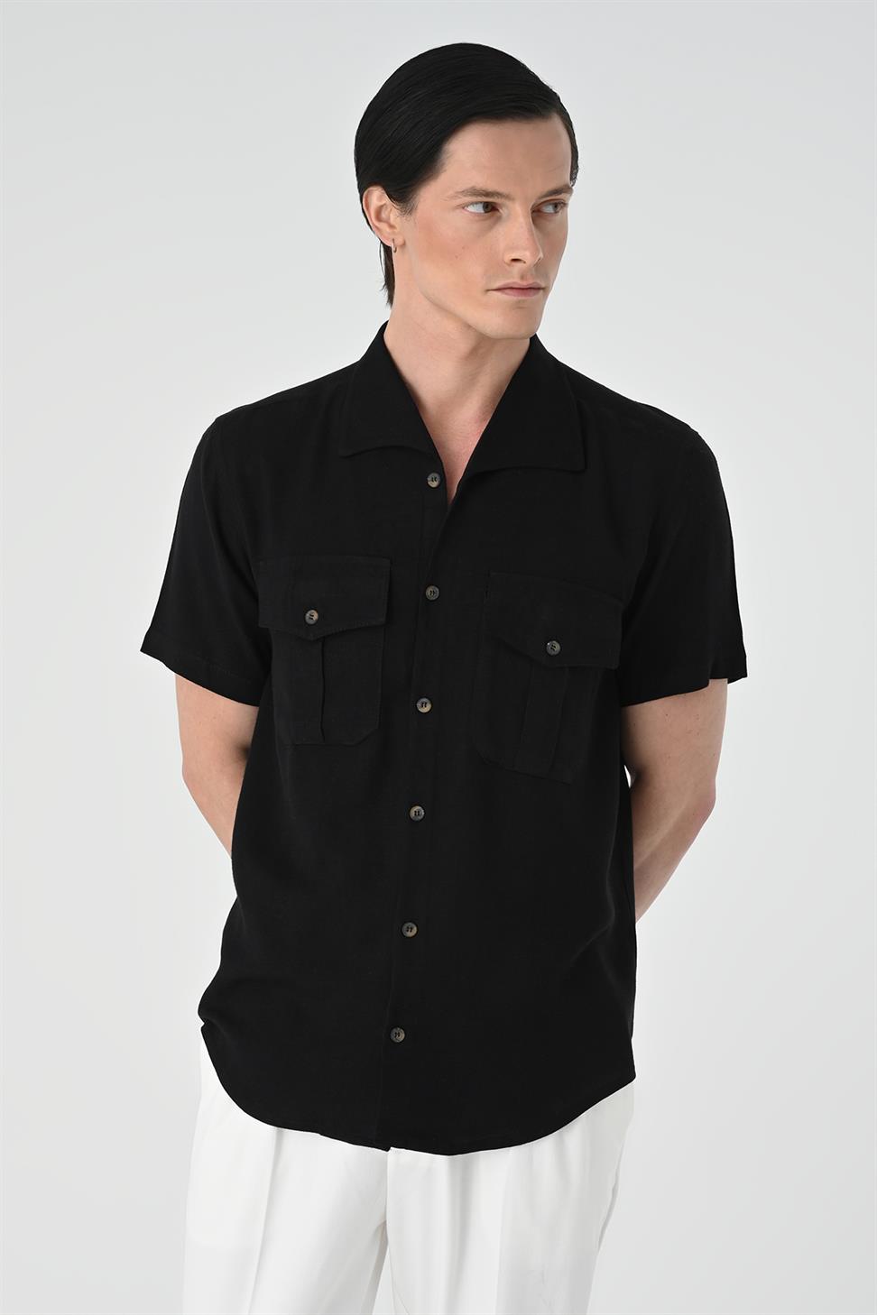 قميص رجالي بياقة واسعة وجيب مزدوج بقصة ضيقة
