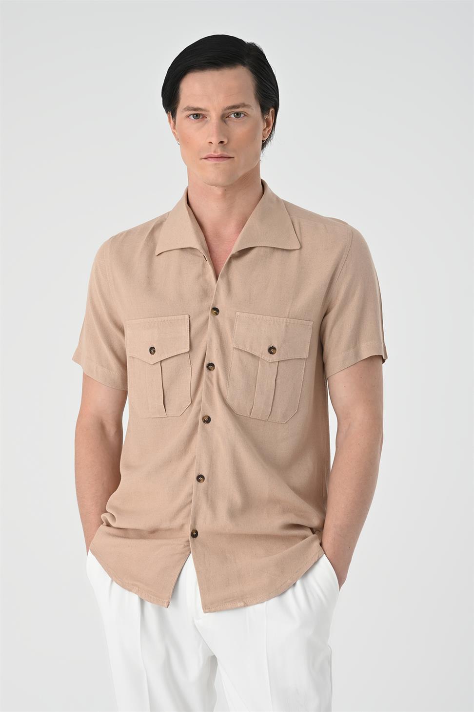 قميص رجالي بياقة واسعة وجيب مزدوج بقصة ضيقة