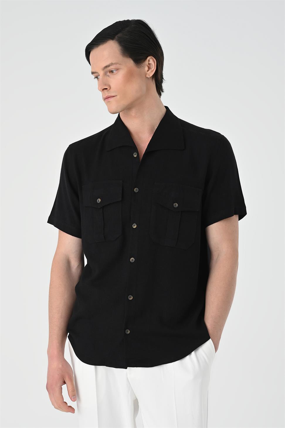 قميص رجالي بياقة واسعة وجيب مزدوج بقصة ضيقة