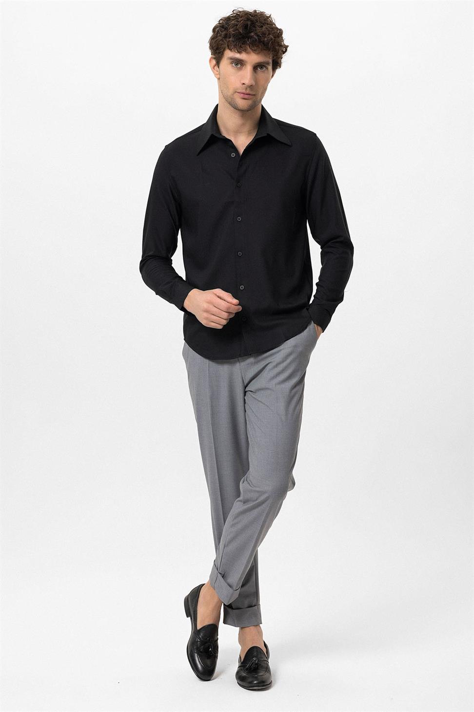 قميص رجالي ذو قصة ضيقة وأكمام طويلة وياقة واسعة