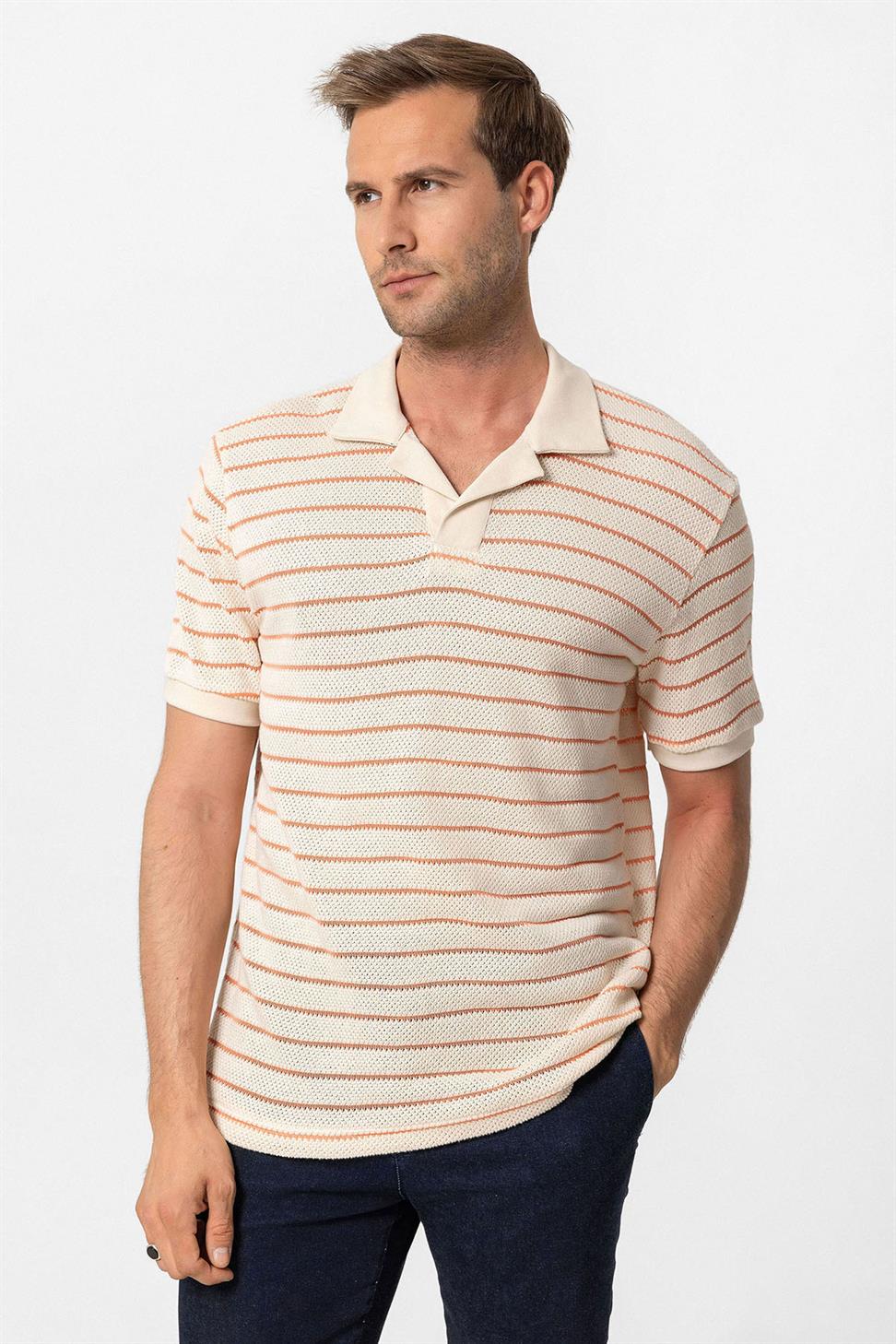 Antioch Somon Apaş Yaka Çizgili Örme Erkek T-Shirt