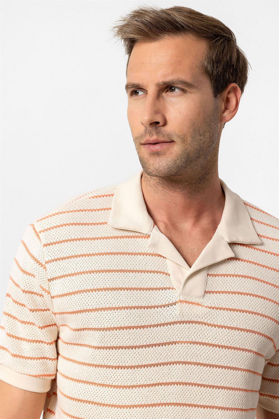 تي شيرت رجالي منسوج مخطط بياقة Apaş