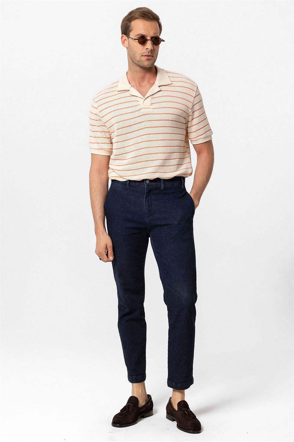 Antioch Somon Apaş Yaka Çizgili Örme Erkek T-Shirt