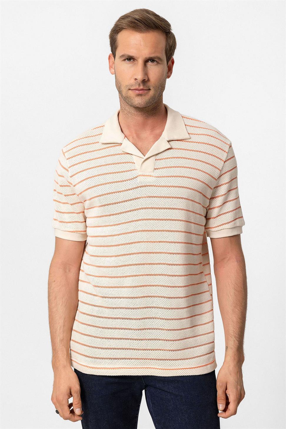 تي شيرت رجالي منسوج مخطط بياقة Apaş