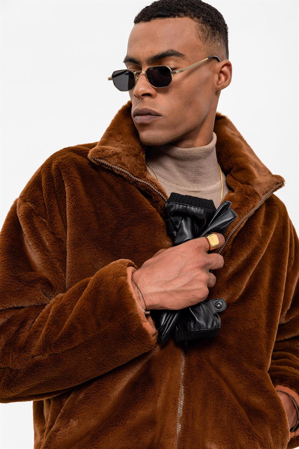 معطف من الفرو الصناعي بياقة واقفة للرجال