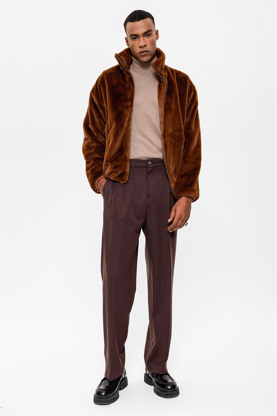 معطف من الفرو الصناعي بياقة واقفة للرجال