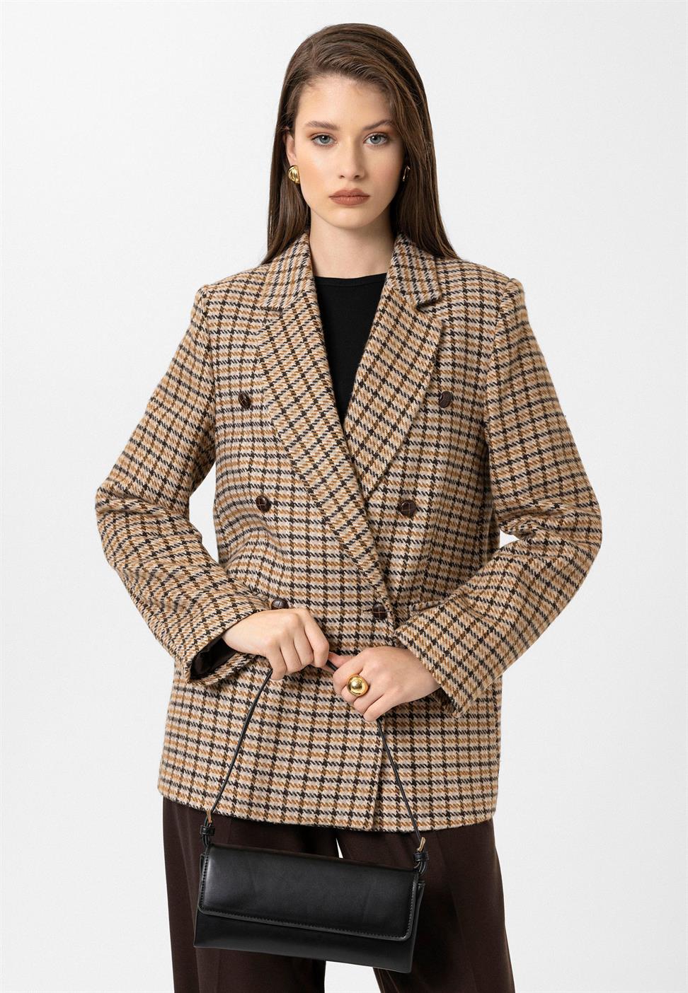 Womens Houndstooth Pattern Blazer Jacket
