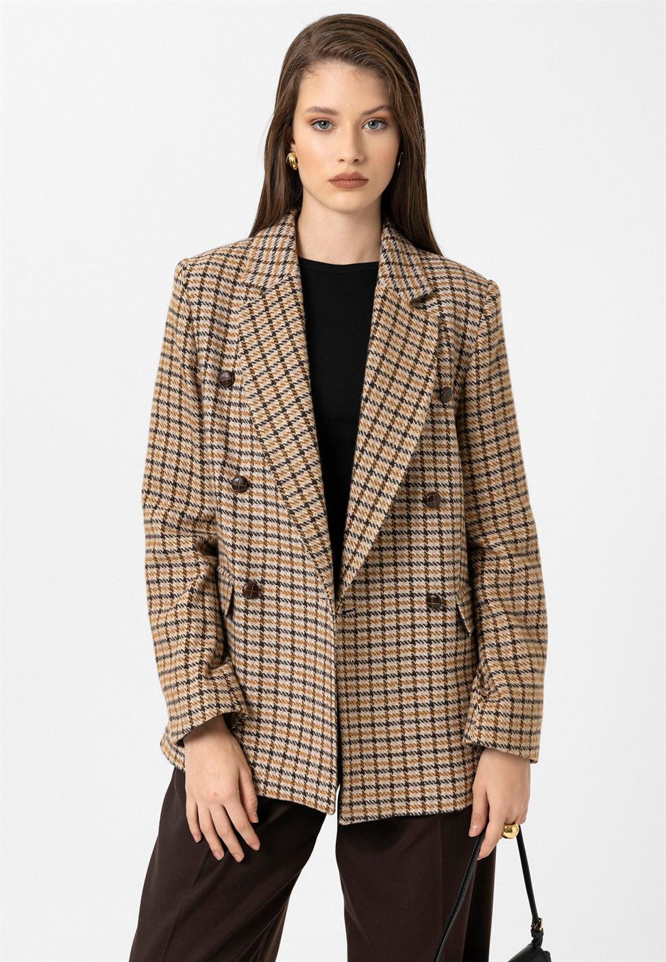 Womens Houndstooth Pattern Blazer Jacket