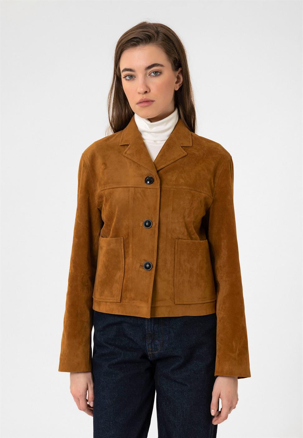 Antioch Taba Kadın Suni Süet Crop Ceket