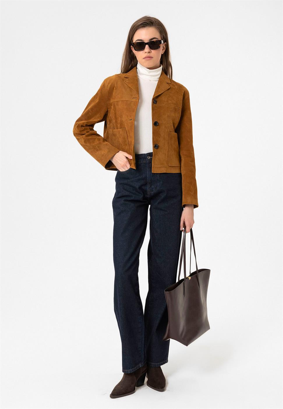 Antioch Taba Kadın Suni Süet Crop Ceket