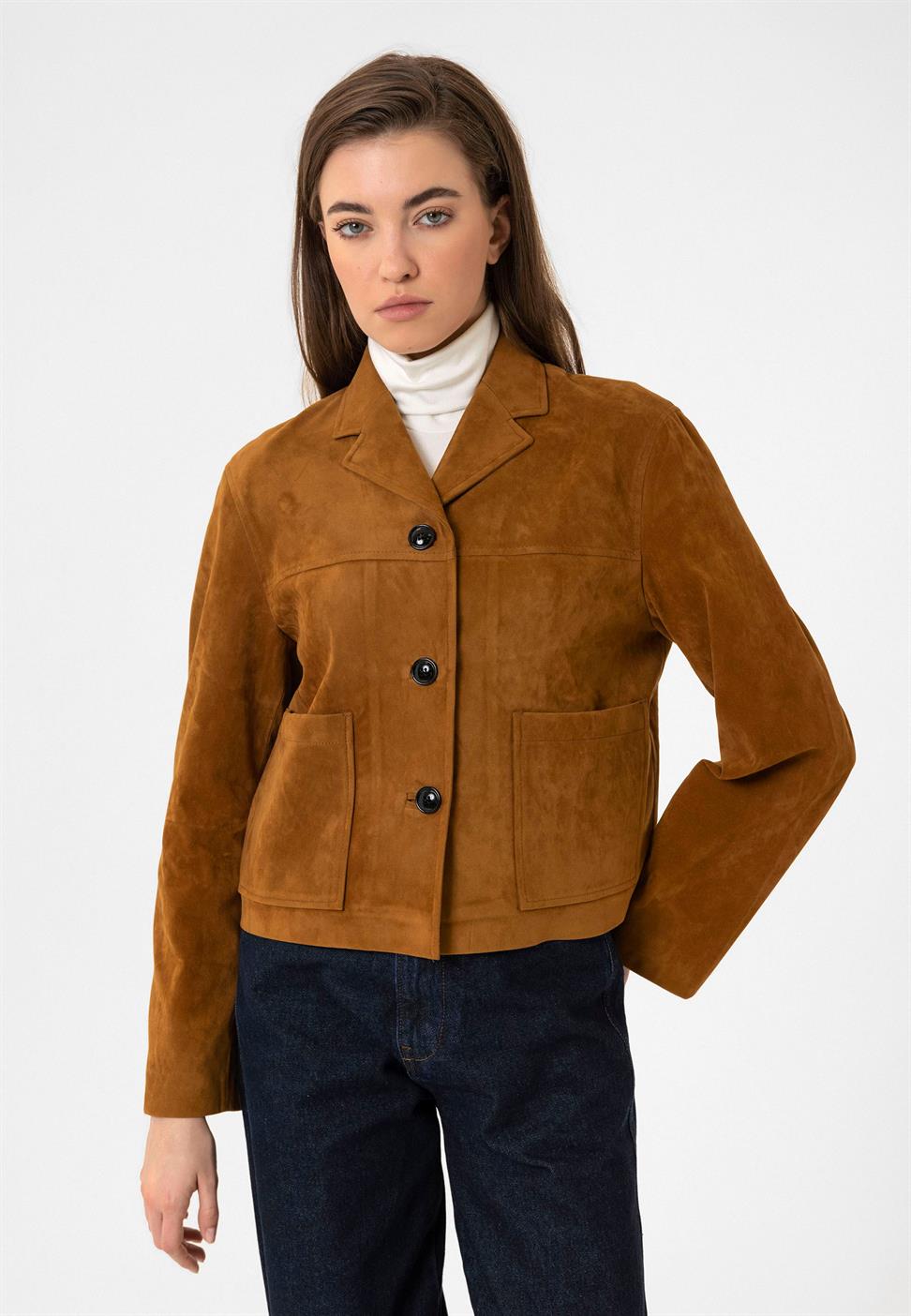 Antioch Taba Kadın Suni Süet Crop Ceket