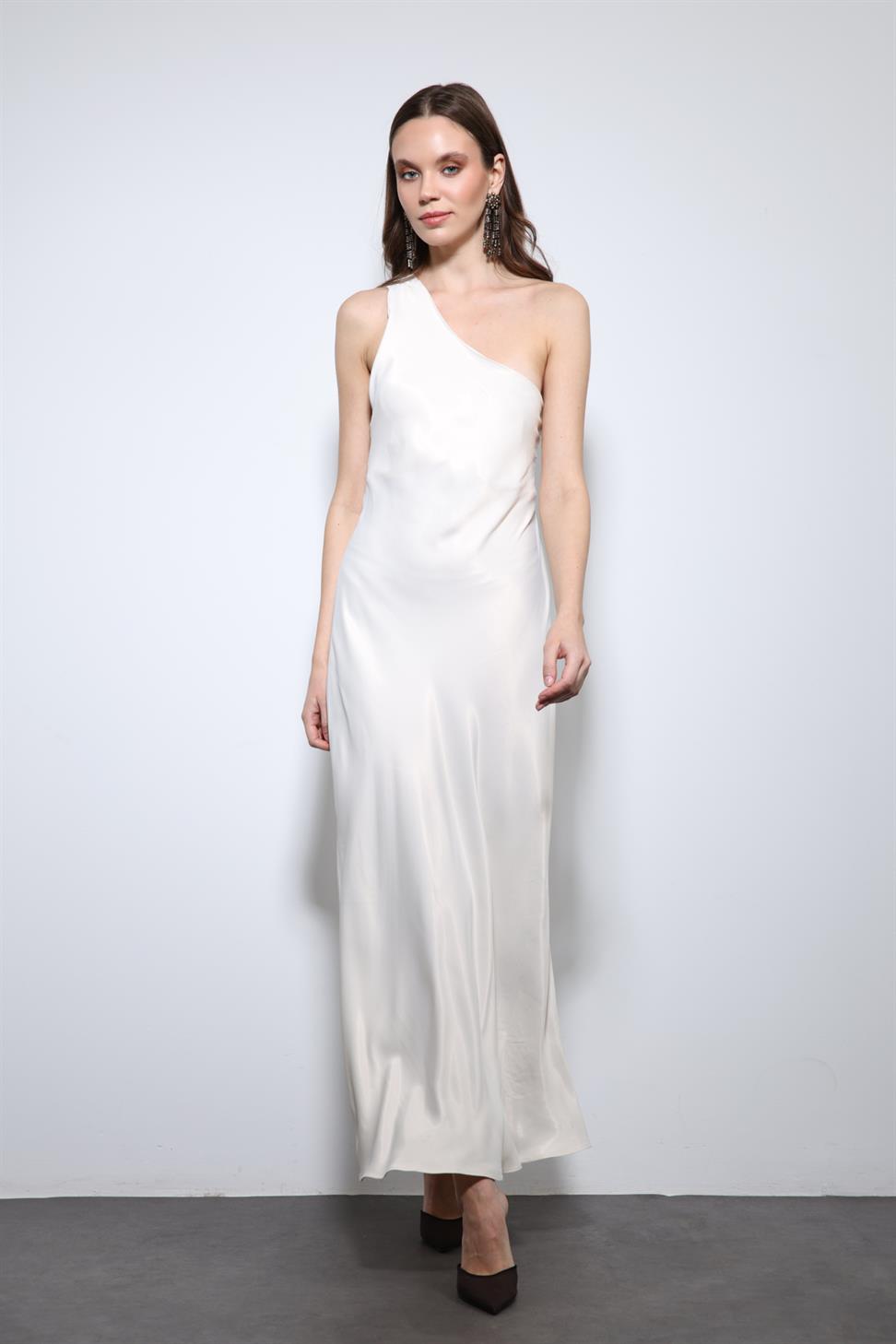 Antioch Taş Asimetrik Yaka Saten Uzun Elbise