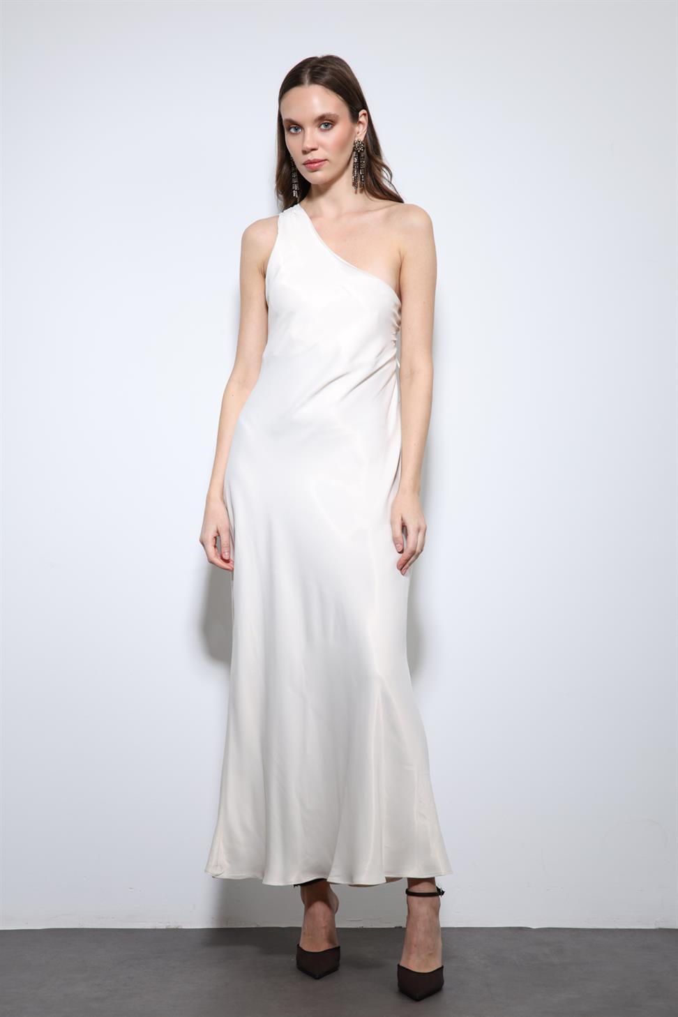 Antioch Taş Asimetrik Yaka Saten Uzun Elbise