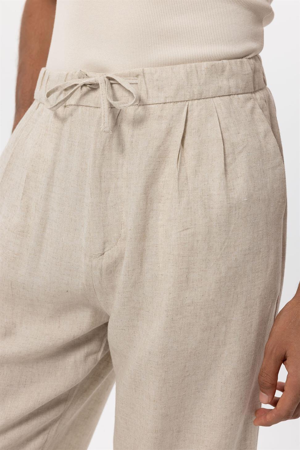 بنطلون رجالي فضفاض من مزيج الكتان للرجال برباط خصر