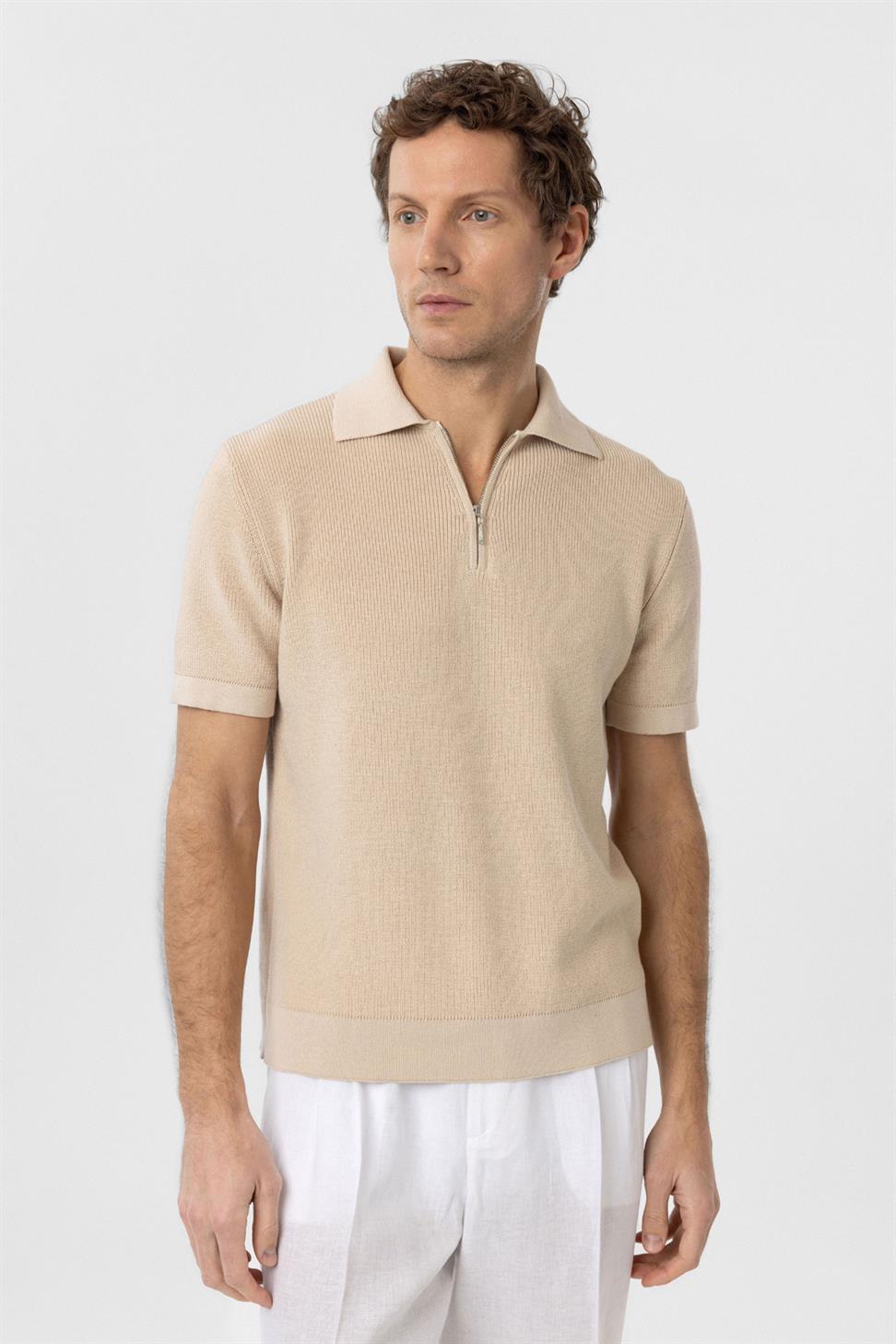 Zippered Knit Mens Polo Neck T-Shirt