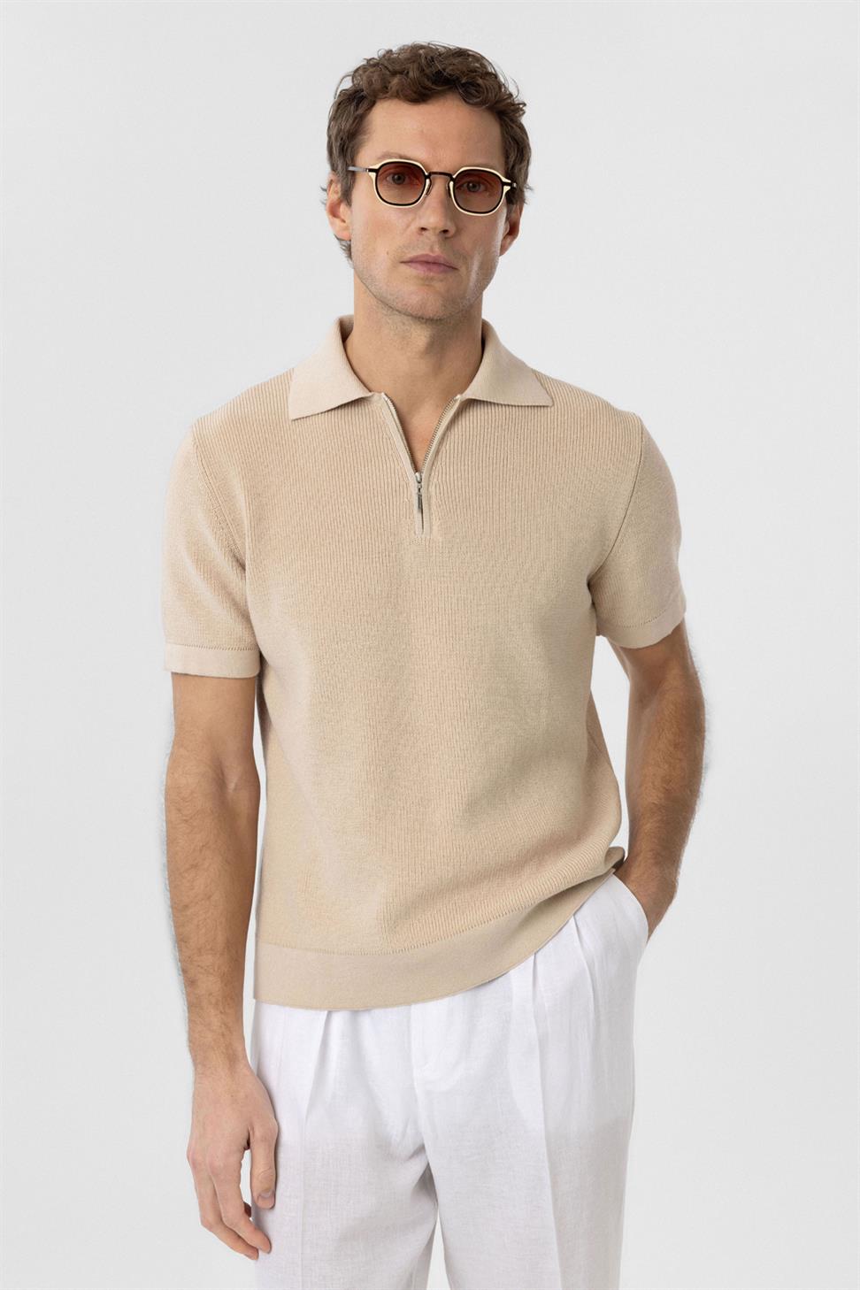 Zippered Knit Mens Polo Neck T-Shirt