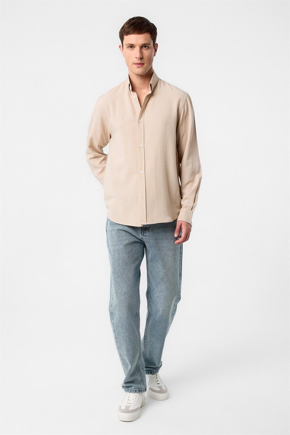 Antioch Taş Keten Karışımlı Yaka Düğmeli Erkek Gömlek