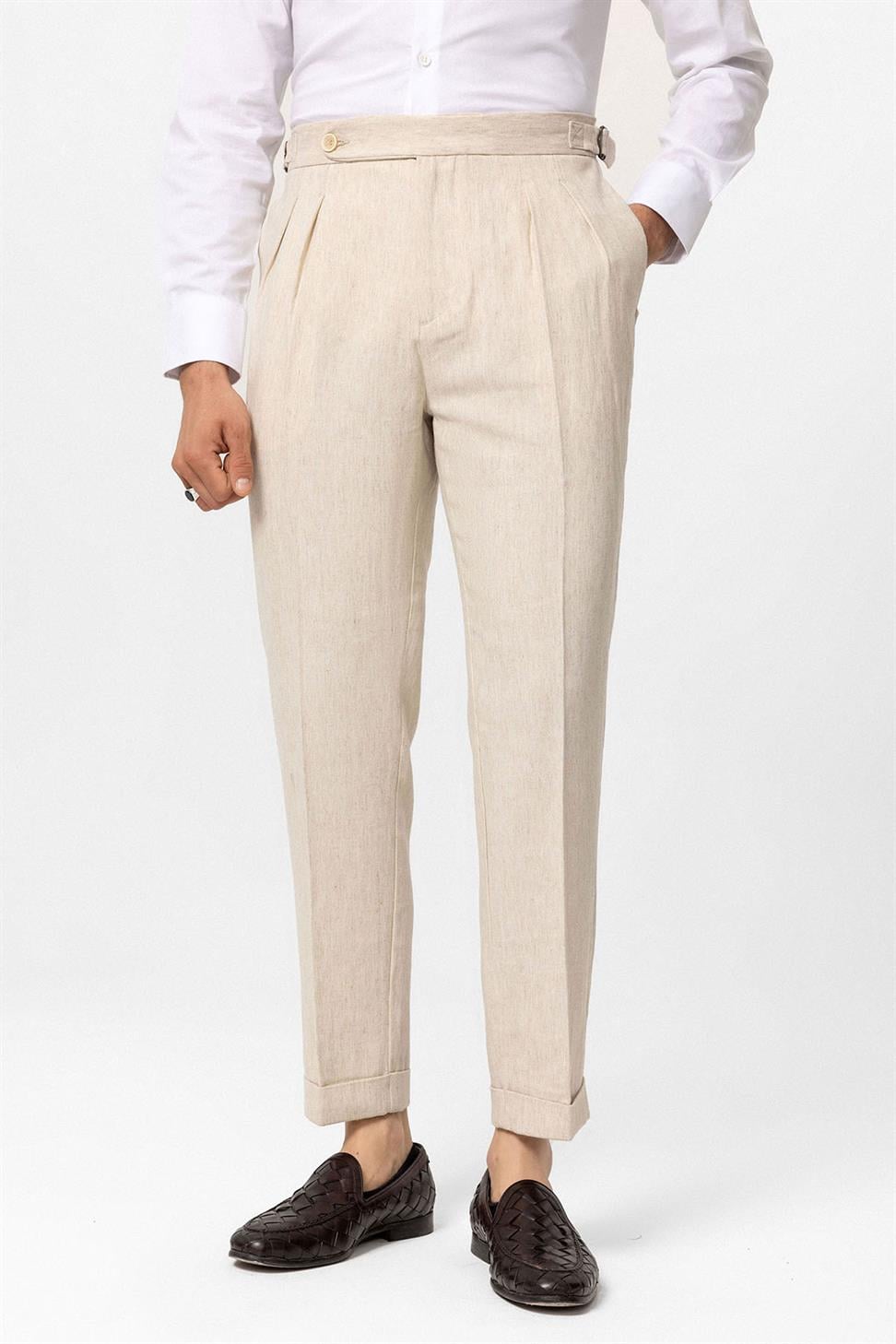 High Waist Linen Blend Double Leg Mens Trousers