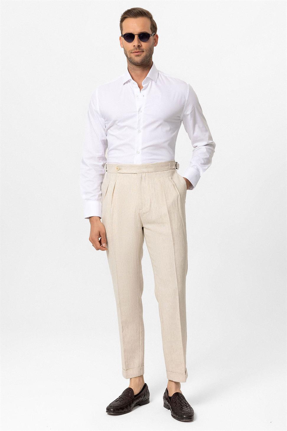 High Waist Linen Blend Double Leg Mens Trousers