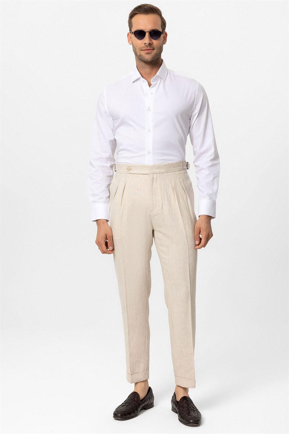 High Waist Linen Blend Double Leg Mens Trousers