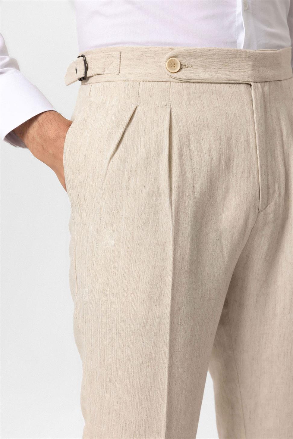 High Waist Linen Blend Double Leg Mens Trousers