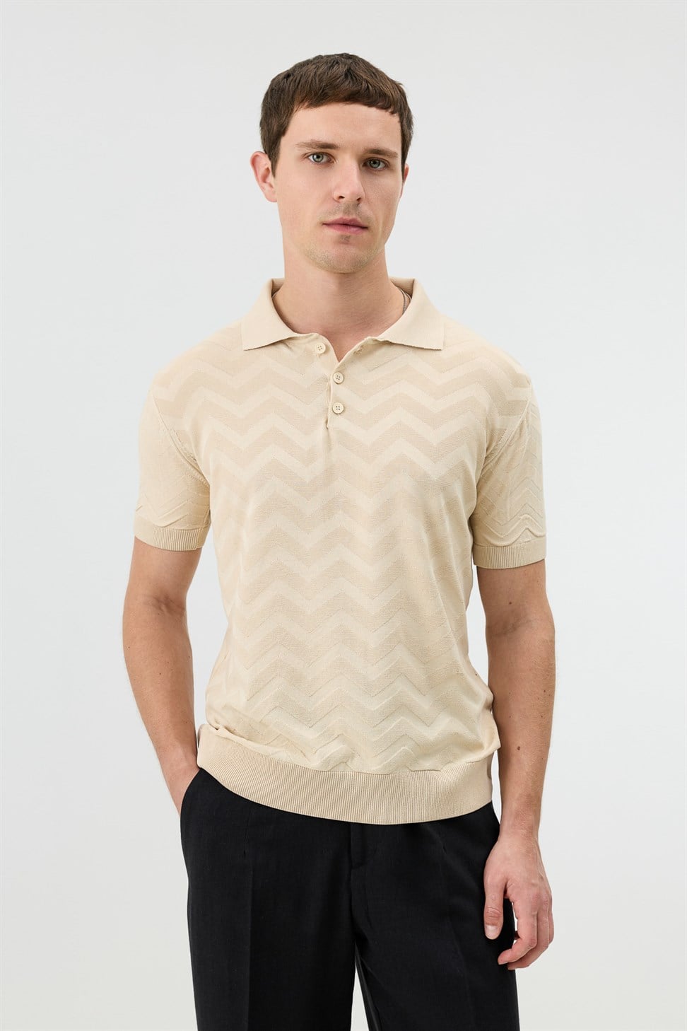 Antioch Taş Zigzag Desenli Polo Yaka Triko Erkek T-Shirt