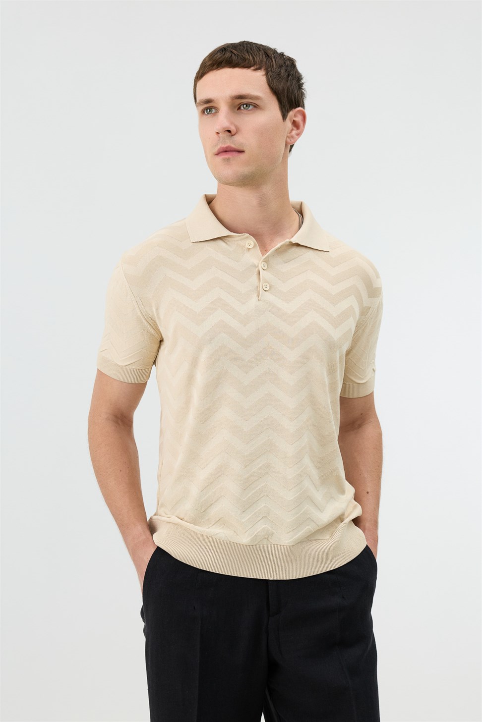Antioch Taş Zigzag Desenli Polo Yaka Triko Erkek T-Shirt