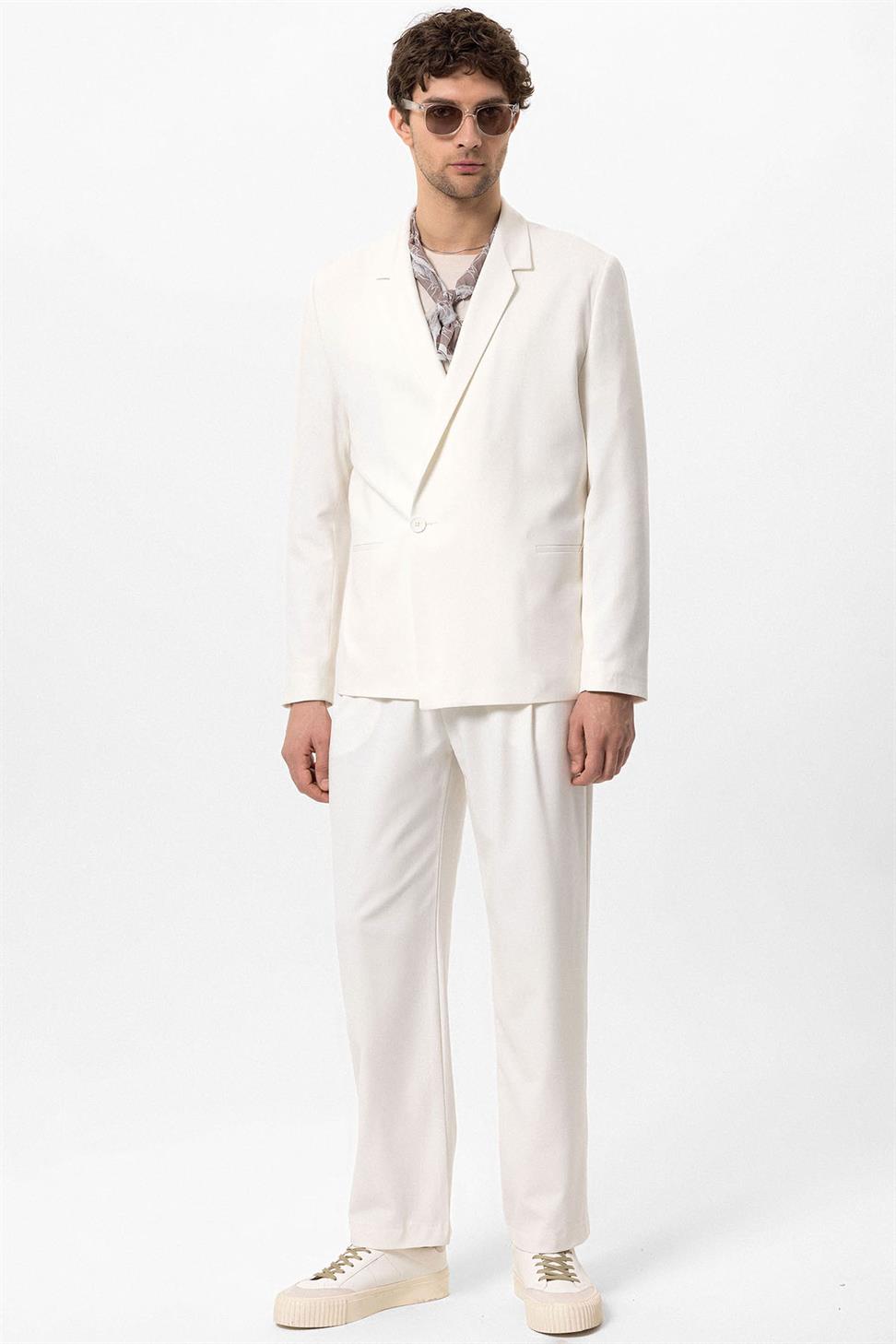 Antioch Ekru Tek Düğme Kruvaze Kapama Erkek Blazer Ceket