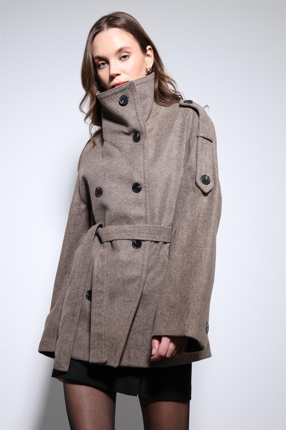 Womens Stand Collar Double-Breasted Coat