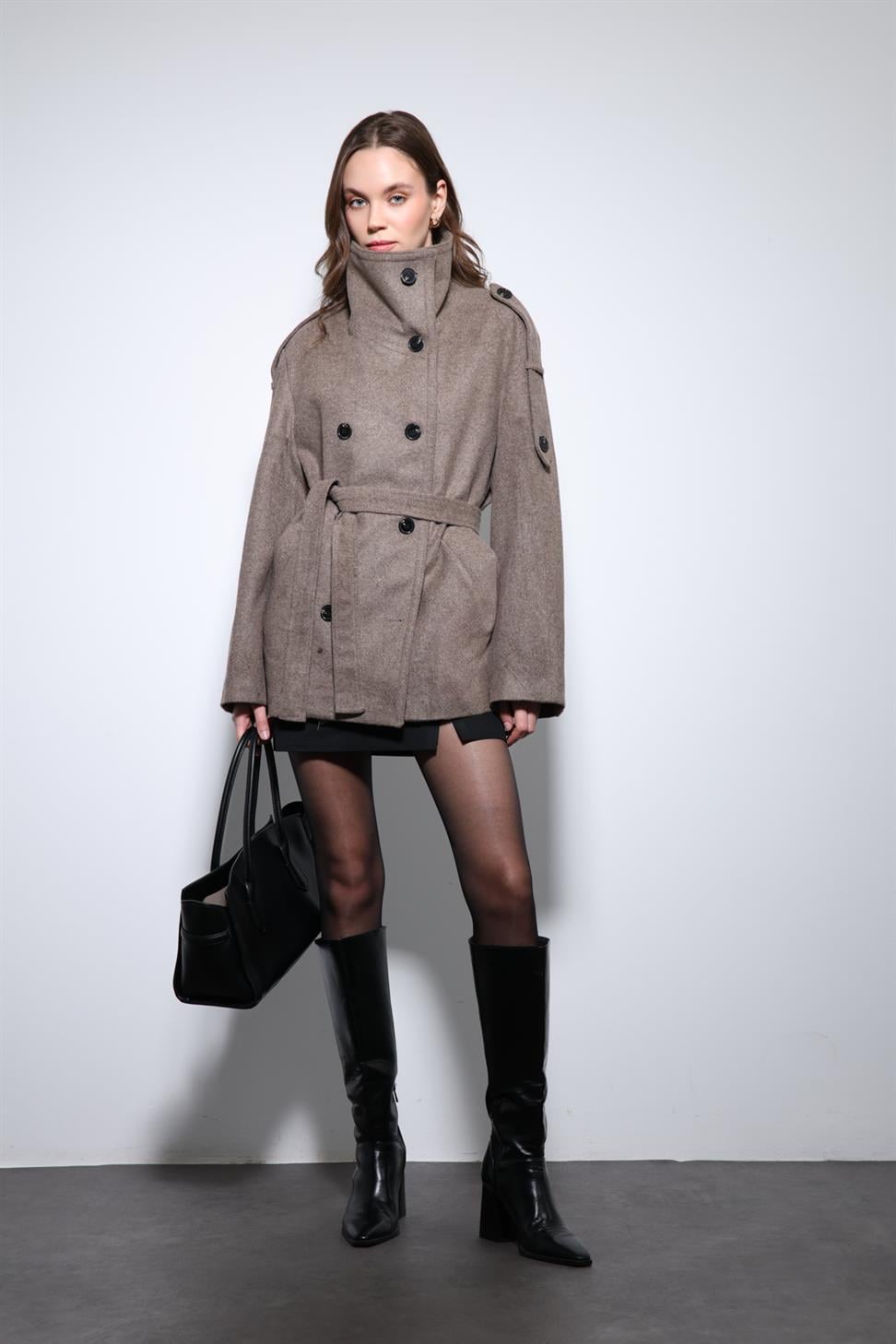 Womens Stand Collar Double-Breasted Coat