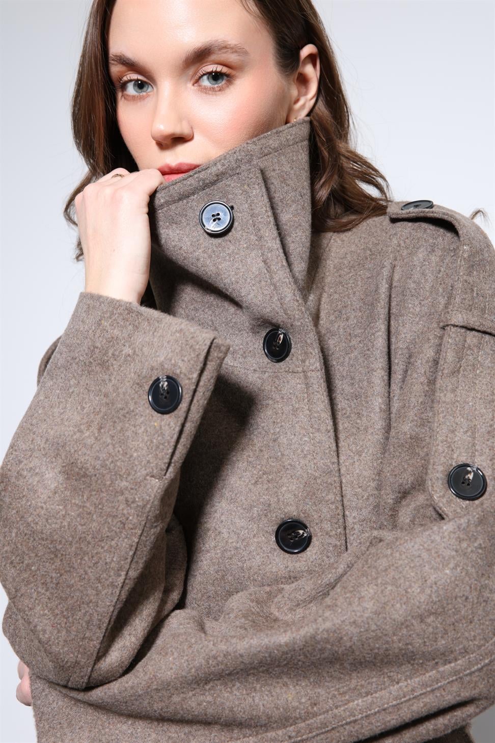 Womens Stand Collar Double-Breasted Coat