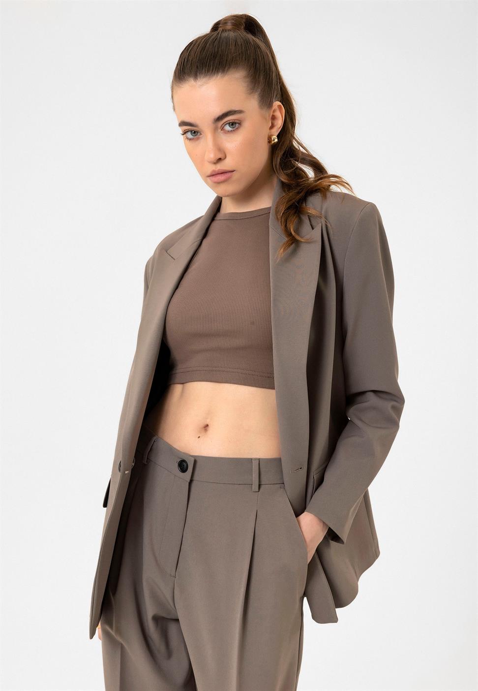 Antioch Vizon Kadın Kruvaze Kapama Oversize Blazer Ceket