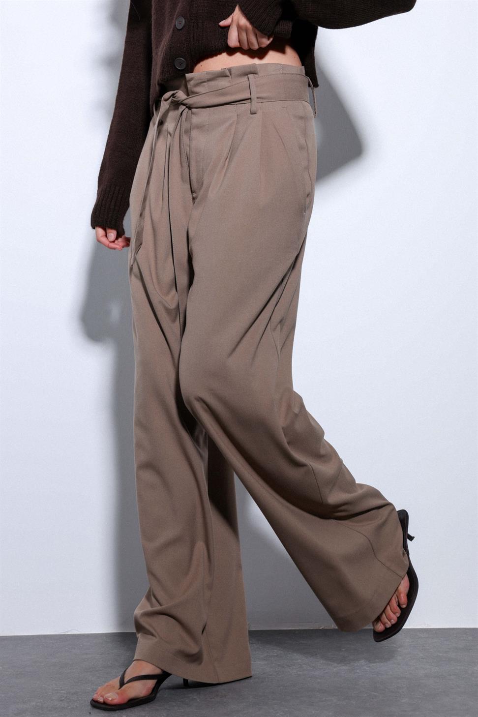 Antioch Vizon Kemerli Pileli Geniş Kadın Pantolon