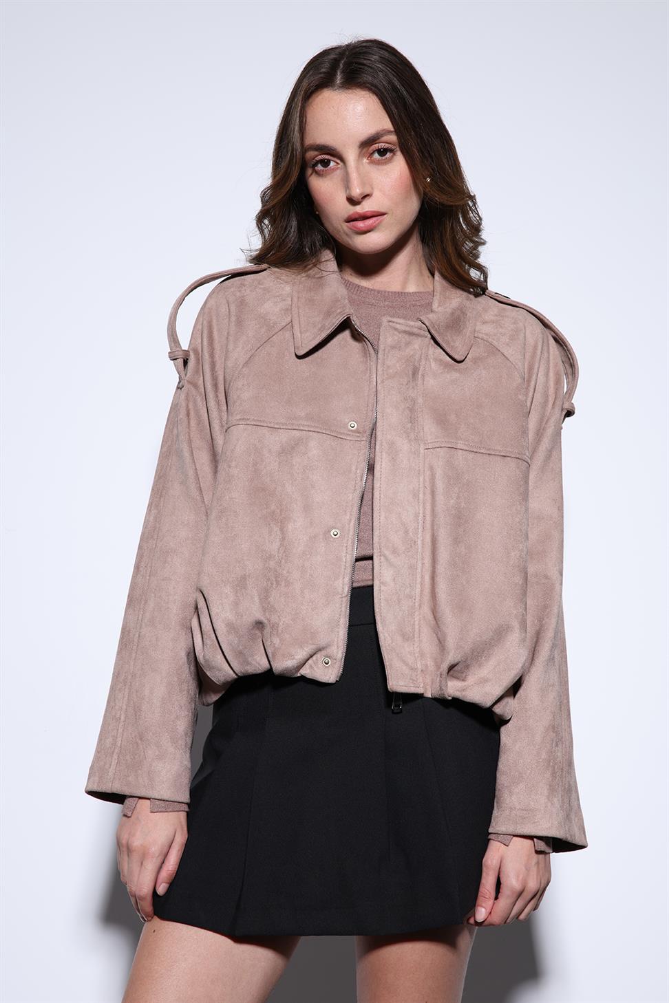 Womens Suede-Look Bomber Jacket